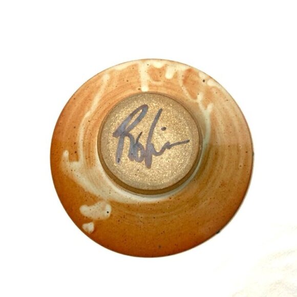 Vtg Robin Cage Ikebana Pottery Round Planter Vase w/ Metal Frog Flower Holder - Picture 6 of 9